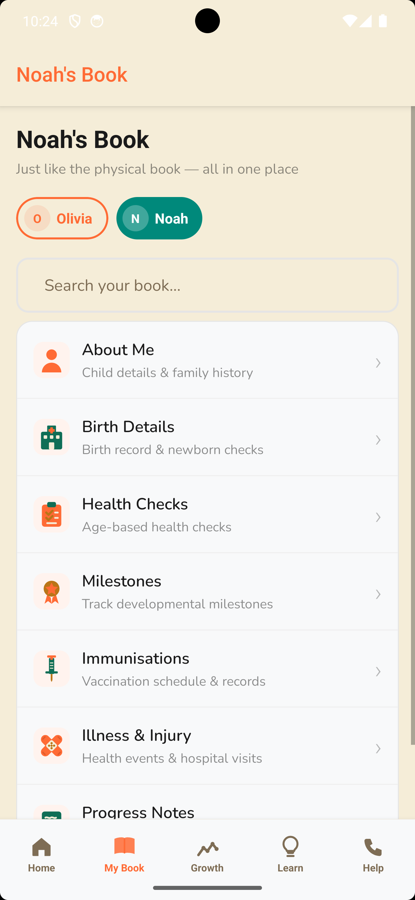 My Book section with health records