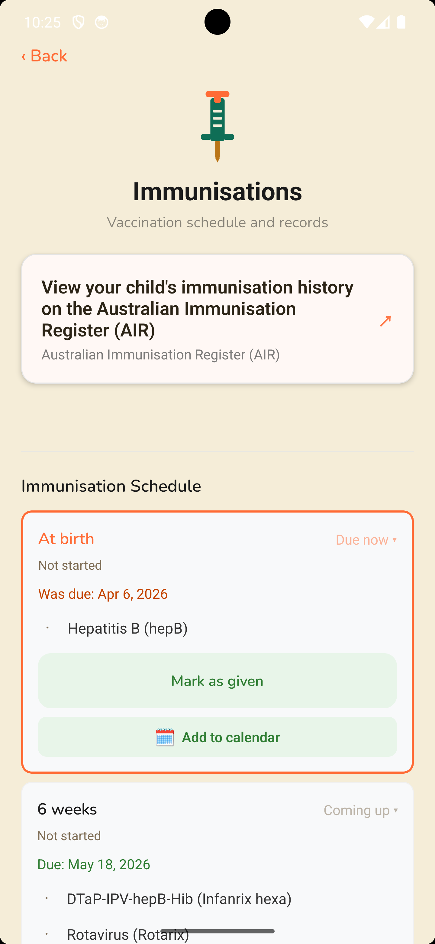 Immunisation schedule tracker